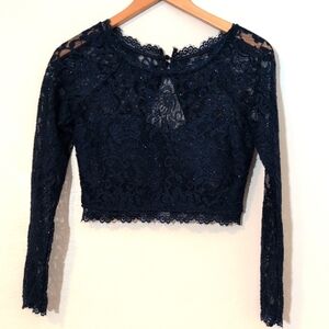 Sequin Hearts Navy Blue Long Sleeve Lace Glitter Crop Top Blouse Sz Small 5